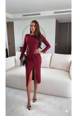 Kadın Bordo Toka Detaylı Yırtmaçlı Elbise Bordo