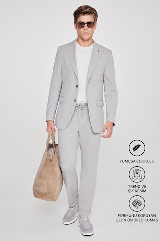 AC&Co / Altınyıldız Classics Erkek Grı Slim Fit Dar Kesim Mono Yaka Beli Bağlamalı Kapak Cepli Esnek Takım Elbise Grı