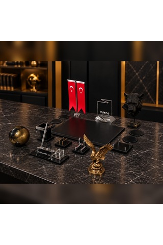 16 Parça Kristal Masa İsimlik Ofis Seti Kartal, Panter, Türk Bayraklı Siyah - Gold
