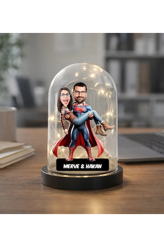 Bk Gift Kişiye Özel Süpermen Çift Tasarımlı Karikatür Led Işıklı Cam Fanus Biblo -1, Romantik Hediye, Ev Hediyesi, Sevgiliye Hediye Kobitmeyencom36855