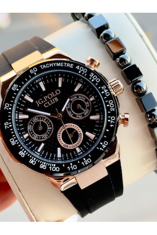 Jg.polo Club Silikon Kordon 2 Yıl Garantili 5 Atm Suya Dayanıklı Erkek Kol Saati+bileklik Sl.11908.2 Rose Gold - Siyah