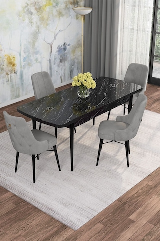 Mona Siyah Mermer 80x132 Açılabilir Mdf Masa Yemek Odası Takımı, Mutfak Takımı 4 Adet Sandalye Siyah Mermer - 4 Gri - Siyah Ayak