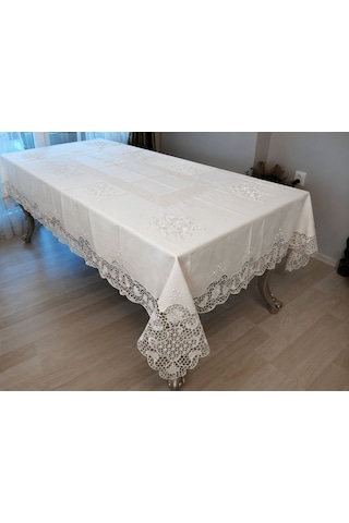 Keten Nakışlı Angles Lazer Kesim Masa Örtüsü 170x225cm Çok Rekli