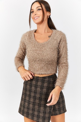 Armonika Kadın Bej Pullu Sakallı Crop Kazak Arm-22y001179