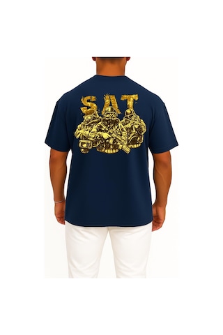 Bahriyeli Collection Oversize Effective Sat Cep Ve Sırt Baskılı Unisex T-shirt Lacivert