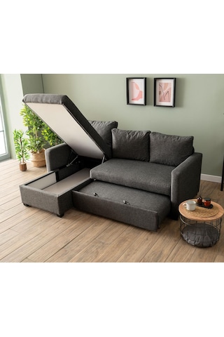 Pafu Kado Yataklı Köşe Koltuk Takımı - Keten Koyu Gri Koyu Gri