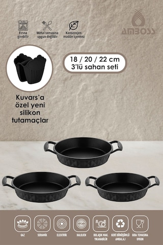 Kuvars 3 Parça Döküm Titanyum Kaplama Yanmaz Yapışmaz Sahan Omlet Seti Siyah
