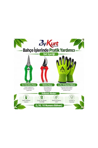 Bahçe Bakım Seti Üçlü Budama Makası Hasat Makası Eldiven 3 Parça - L/xl / Yeşil