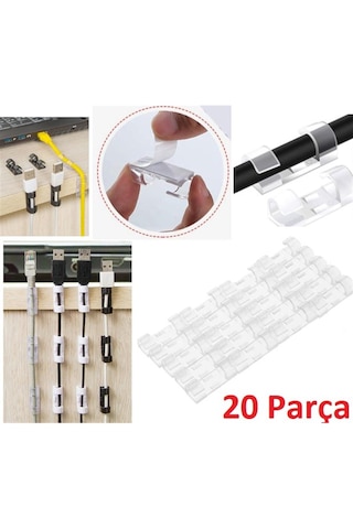 Mobgift 20'li Yapışkanlı Kablo Sabitleyici Şeffaf Klips