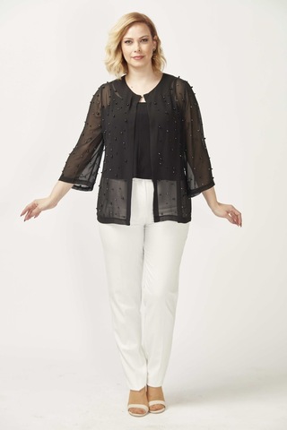 1951 Siyah İnci Ve Taş Baskılı Şifon Büyük Beden Şık Ceket Siyah