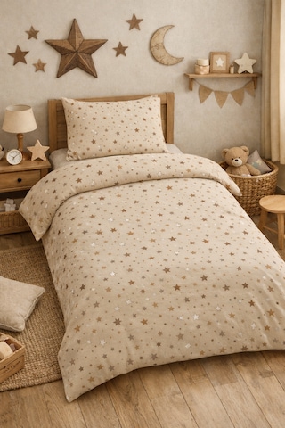 Tek Kişilik Nevresim Takımı 160x220cm 2 Yastık Kılıfı Lastikli Çarşaflı 120x200+30 Yıldız Desenli Bej