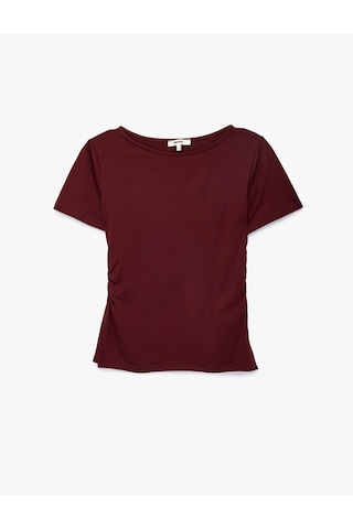 Koton Viskon Slim Fit Büzgülü Bisiklet Yaka Kısa Kollu Tişört Bordo 7wak50052ek