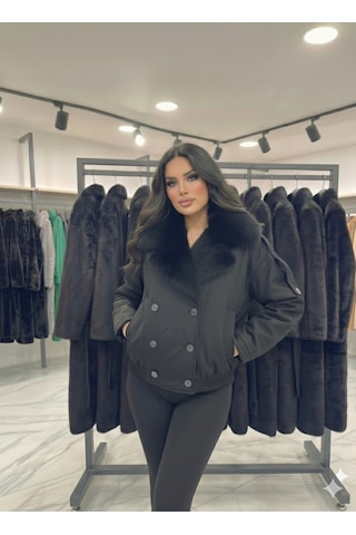 Ribana Classic Kadın Kürk Yaka Detaylı İçi Astarlı Çift Cepli Omuzları Kemerli Beli Lasitkli Ceket Görünümlü Kaban 4901 Siyah