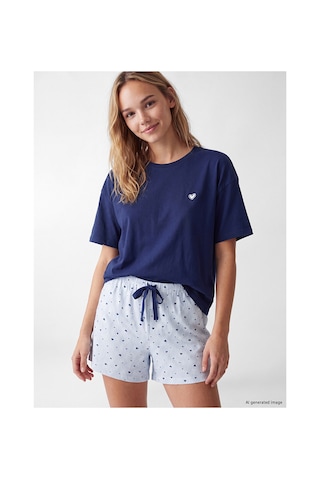 Lcw Dream Mavi Bisiklet Yaka Nakışlı Kadın Şortlu Pijama Takımı