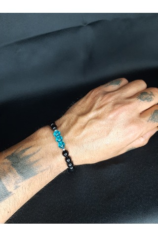 Mryart Doğal Görünümlü Siyah & Mavi Cam Boncuklu El Yapımı Bileklik - Unisex Siyah - Mavi
