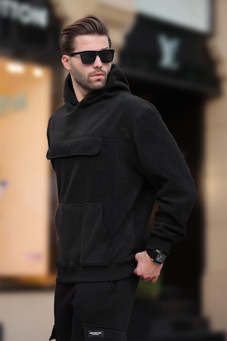 Madmext Siyah Kapüşonlu Kapaklı Cep Detaylı Polar Erkek Sweatshirt 7097 Siyah