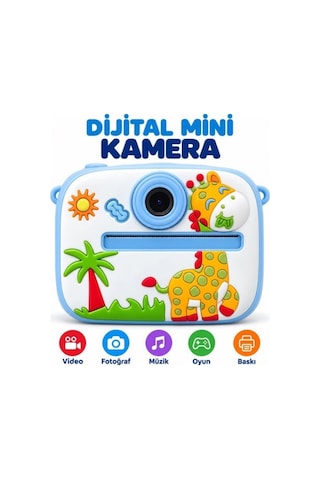 BLUE-3 Anında Baskılı Çocuk Fotoğraf Makinesi ,5 Fonksiyonlu, Video Özellikli Zürafa Desenli Kamera-1801