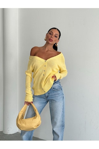 Kadın Yeni Sezon Sırt Ve Ön Düğme Sarı Triko Hırka Omuz Açık Kullanım Detaylı Sarı