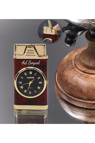 Kişiye Özel Işıklı Saatli Çakmak Kahverengi