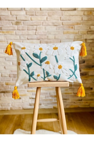 Swita Home Punch İşlemeli Tekli Dekoratif Papatya Desen Kırlent Kılıfı Panç Beyaz