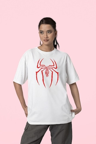 Havalı Spider-man Logo Baskılı Unisex Oversize Tişört Beyaz