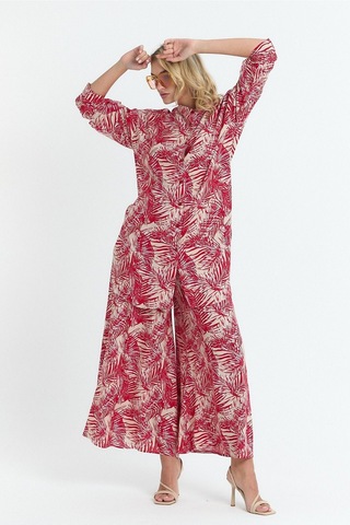 Schık Kadın Viskon Rahat Bol Paça Truvakar Kol Önü Düğme Baskılı Takım Kırmızı