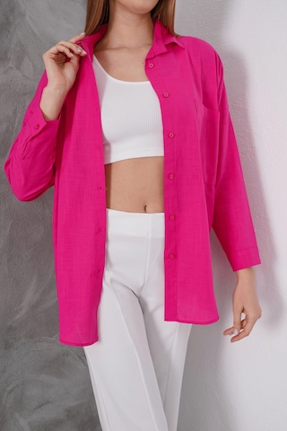 Paw Garage Kadın London Keten Tek Cepli Oversize Gömlek, Premium Kalite Keten Gömlek Fuşya