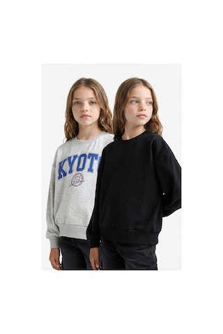 Defacto Kız Çocuk Relax Fit Bisiklet Yaka Slogan Baskılı 2li Sweatshirt E6473a825aubk81 Siyah