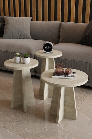 Alpa Ev Mobilya 3 Lü Mantar Zigon Sehpa Seti Modern Yuvarlak Tasarım, Dekoratif İskandinav Stil Traverten