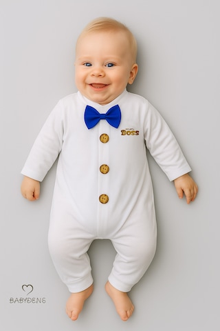 Babyden's Mini Boss Papyonlu Erkek Bebek Tulum Düğmeli Tasarım, Uzun Kollu Yenidoğan Tulumu Koyu Mavi
