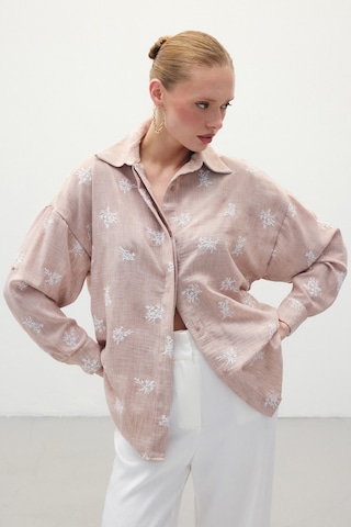 Sateen Salaş Nakışlı Gömlek - Pudra-136253 Pudra