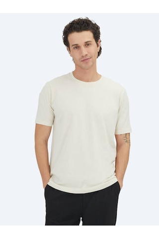 Kip Ekru Düz Bisiklet Yaka %100 Pamuk T-shirt Ekru