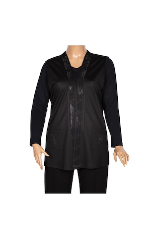 Hesna Kadın Alçin Büyük Beden 2 İp Kristal Taşlı Cepli Siyah Yelek Siyah