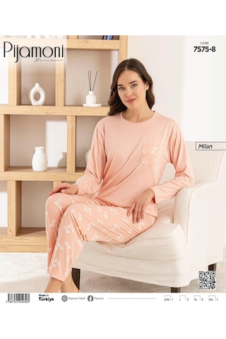Pijamoni Kadın Milan Bisiklet Yaka Uzun Kol İnce Pijama Takımı 7575/8 - 1 Adet Yavruağzı