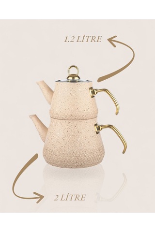 Enashop Granit Kaplama Gold Kulplu Cam Kapak Çaydanlık Krem Krem