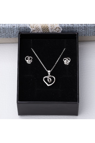 Kalp Model 925 Ayar Kolye Çivili Küpe Kadın 2'li Set Gümüş