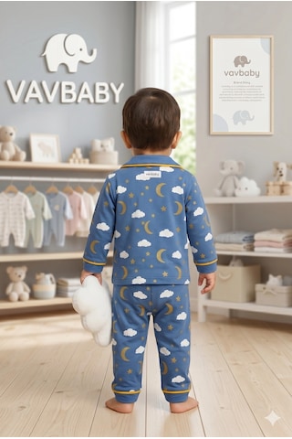 Pamuklu Kruvaze Yaka Önden Düğmeli Bulut-ay Desenli Mevsimlik Alt Üst Pijama Takım-mavi