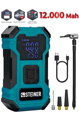 Steiner 12.000 Mah Dijital Ekranlı Kablosuz Lastik Hava Pompası Şarjlı Hava Kompresörü Powerbank Led Işık Mavi 1200mah - 25x5.6x4.7cm