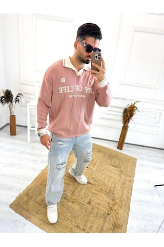 Kazak Oversize Polo Yaka Desenli Triko Yumuşak Dokulu Tüylenmez Salaş Nakış Detaylı Sweatshirt Ekru