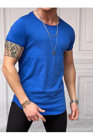 Modefendi Slim Fit Oval Kesim Pamuk Basic Tshırt Saks Mavisi