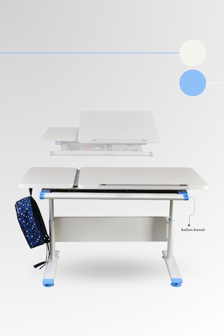 Vega Basic Yükseklik Ve Eğim Ayarlı Ekru Çalışma Masası, Çekmeceli Bilgisayar Ve Ofis Masası, Mavi Gri