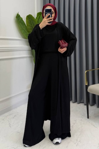 Balenbi Kadın Penye Uzun Hırka Bluz Geniş Paça Pantolon Abaya Takım 1217 Siyah
