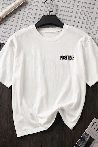 Spoyi Pozitif Bahçe Tasarımlı %100 Pamuk Yarım Oversize Beyaz T-mhirt