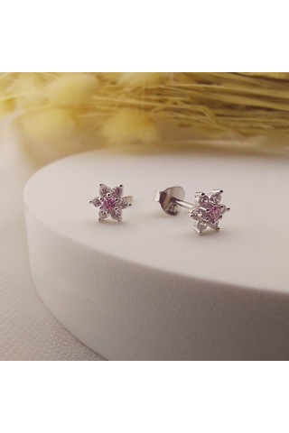 925 Ayar Gümüş Pembe Taşlı Minimal Lotus Küpe Gümüş