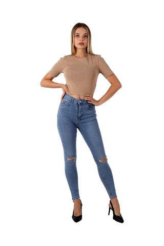 Alemdarshop Mavi Renk Dar Paça Diz Yırtık Yüksek Bel Jeans - Mavi