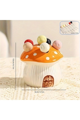 Trendooze 7 Parça Turuncu Seramik Mantar Çatal Seti 304 Paslanmaz Çelik Meyve Pasta Çatalı Turuncu Turuncu