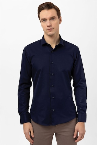 Süvari Lacivert Slim Fit Armürlü Klasik Yaka Gömlek