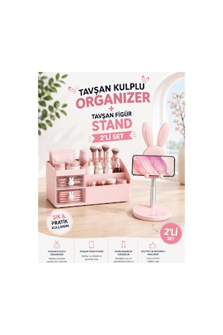 Tavşan Kulplu Makyaj Organizeri & Tavşan Figürlü Telefon Tablet Standı İkili Set Pembe Pembe