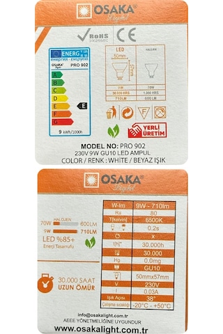 6 Adet Osaka 9w 70w Beyaz Işık 6500k Gu10 Duylu Led Çanak Ampul