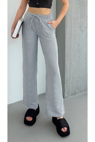 Yandan Cepli Beli Bağcıklı Su Yolu Kadın Çizgili Pantolon Siyah
